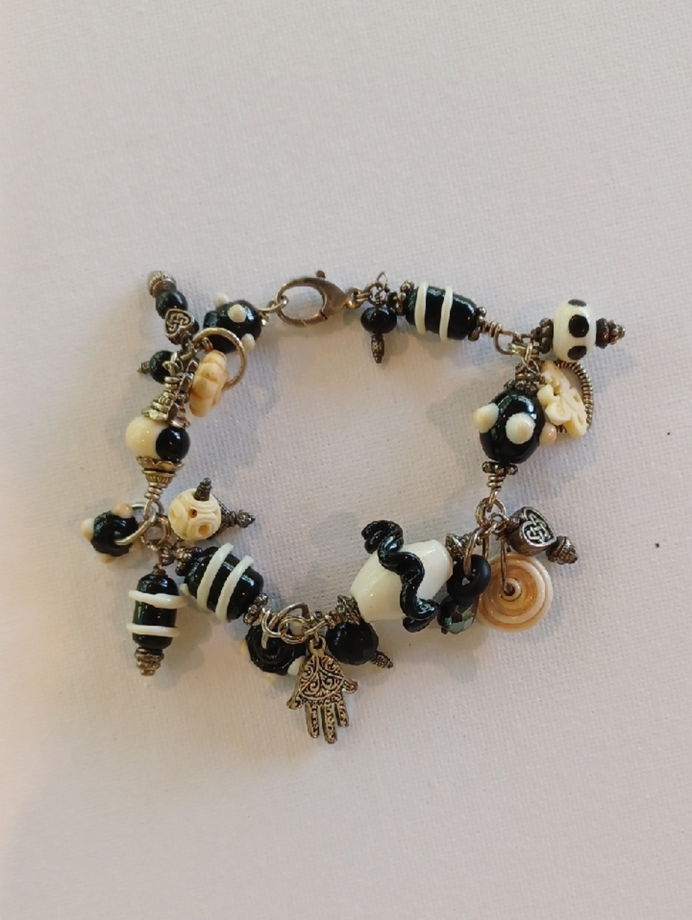 Black & Cream Glass Beaded Charm Bracelet